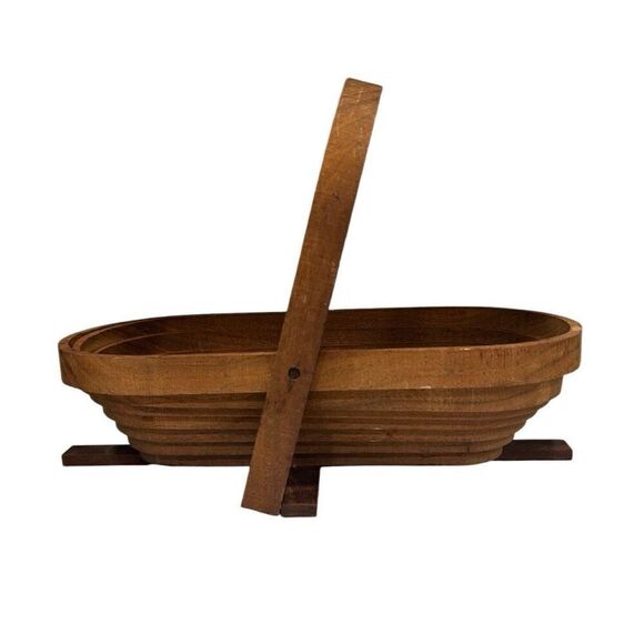 Paul Wright Collapsible Brown Wooden Basket With Handle Oval Shaped Storage - Picture 4 of 12